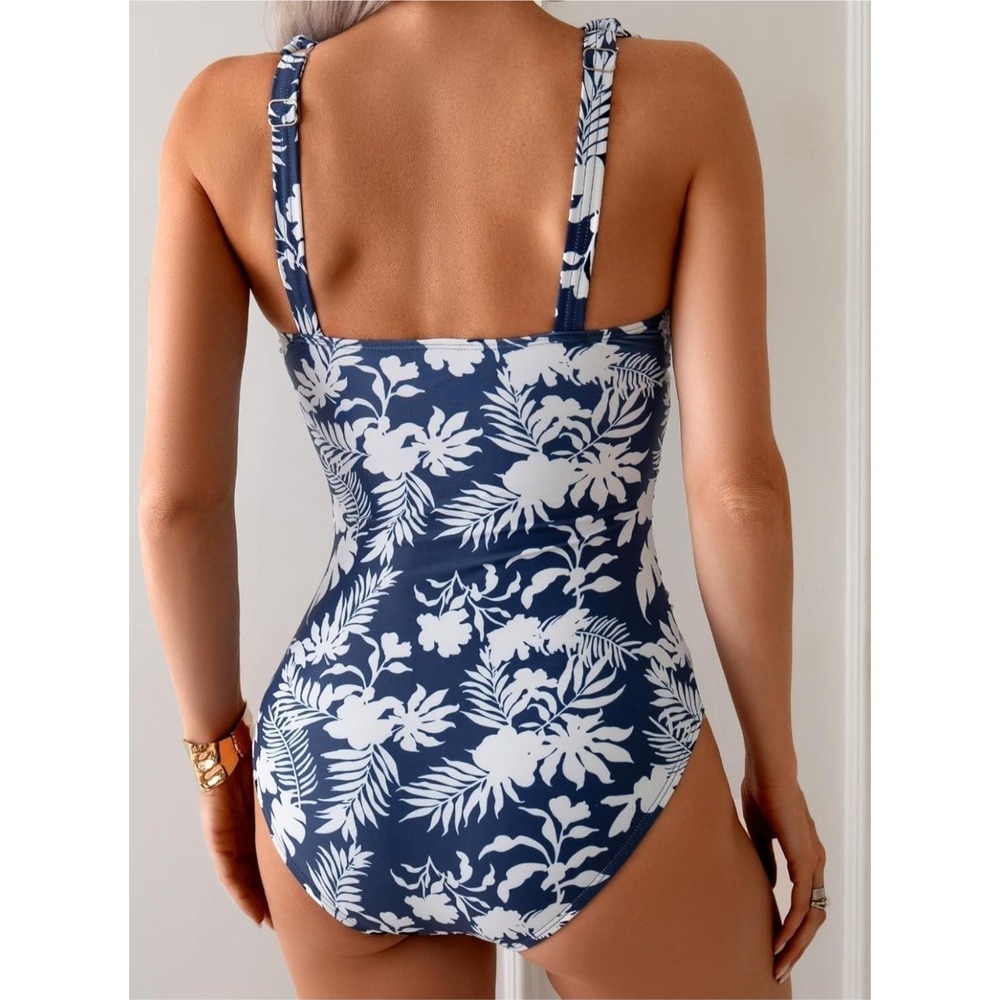 B2Prity Blue White Tropical Floral Gold Accent One-Piece Swimsuit M NWT - Picture 3 of 8